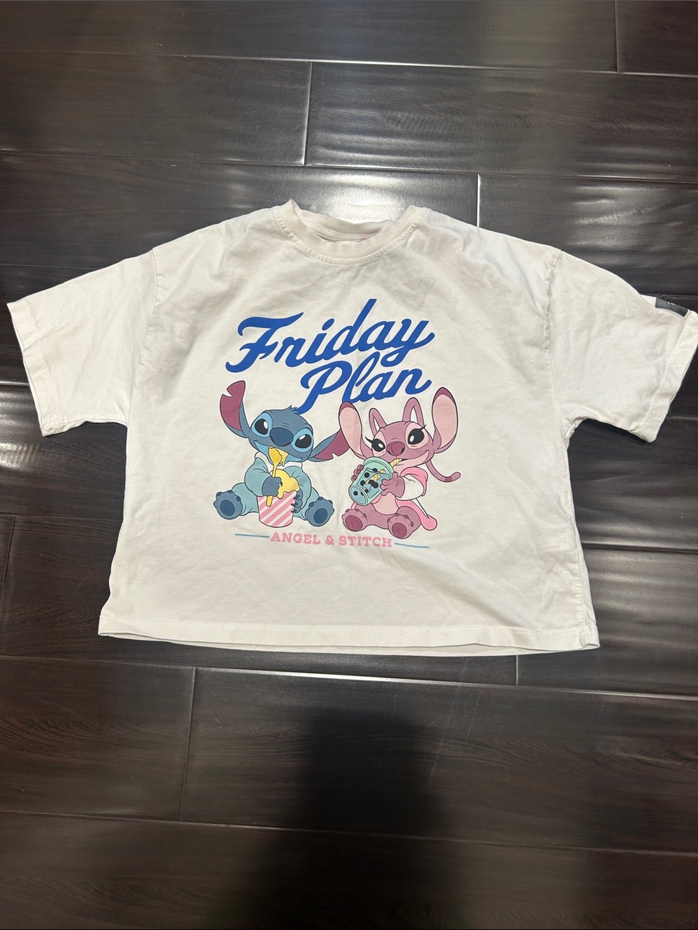 Zara Kids Disney Angel & Stitch 'Friday Plan' White Kids Graphic Tee size 13-14